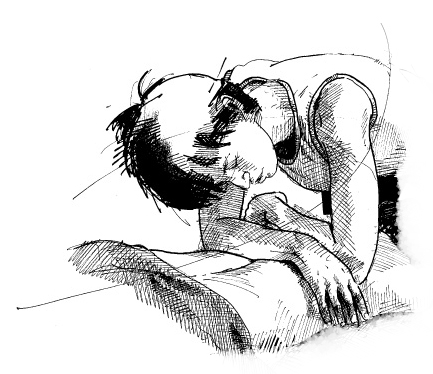 A black and white drawing of a woman receiving massage therapy while laying on her stomach.