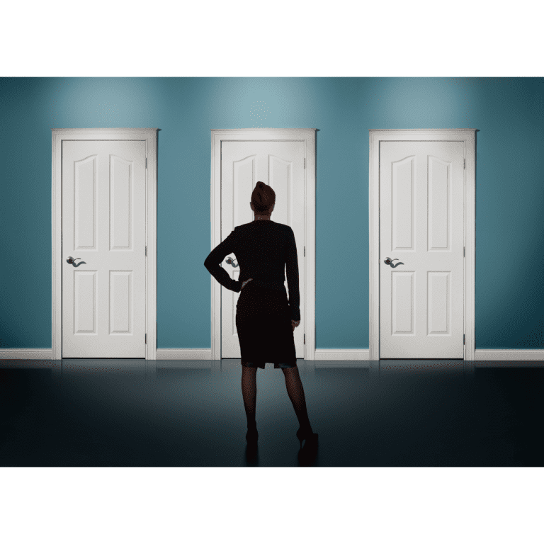 Ar Holistic Therapy - Bradford - Resolute silhouette of business woman standing in front of two doors.